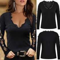 Sexy Lace Spliced Long Sleeve V-neck Solid Color Slim Fit Bottoming Top