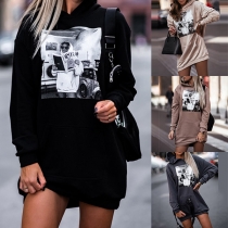 Casual Style Long Sleeve Hooded Printed Sweatshirt Dress