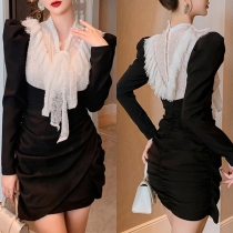 Fashion Contrast Color Long Sleeve Lace-up Bow-knot Collar Slim Fit Dress