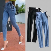 Fashion Side Lace-up High Waist Slim Fit Jeans（Size Run Small）