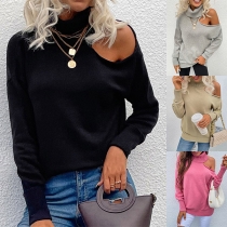 Sexy Off-shoulder Long Sleeve Turtleneck Solid Color Knit Top