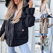 Fashion Faux Fur Spliced Hooded Long Sleeve Solid Color Padded Coat