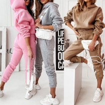 Fashion Solid Color Long Sleeve Hooded Sweatshirt + Pants Two-piece Set