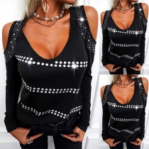 Sexy Off-shoulder V-neck Long Sleeve Rhinestone T-shirt