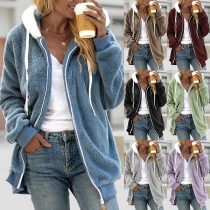 Fashion Contrast Color Long Sleeve Hooded Plush Coat