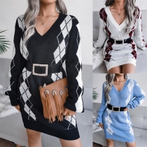 Fashion Long Sleeve V-neck Contrast Color Rhomboid Slim Fit Sweater Dress