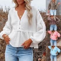 Fashion Solid Color Lantern SLeeve V-neck Loose Top