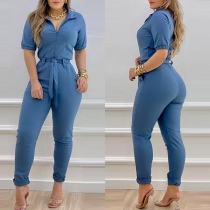 Fashion Solid Color Short Sleeve POLO Collar High Waist Slim Fit Jumpsuit