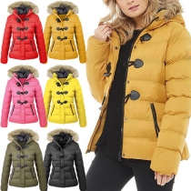 Fashion Faux Fur Spliced Hooded Long Sleeve Horn Button Padded Coat
