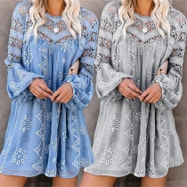 Bohemian Style Hollow Out Lace Spliced Lantern Sleeve Round Neck Loose Printed Dress