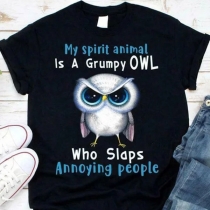 Cute Style Owl Letters Printed Short Sleeve Round Neck T-shirt