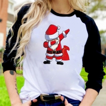 Cute Style Santa Claus Printed Pattern Long Sleeve Round Neck Contrast Color T-shirt