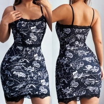 Sexy Backless Lace Spliced Slim Fit Sling Printed Dress