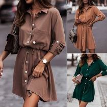 OL Style Long Sleeve POLO Collar Single-breasted Solid Color Shirt Dress