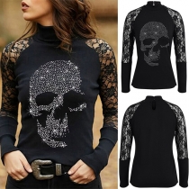 Sexy Lace Spliced Long Sleeve Mock Neck Rhinestone Skull Bottoming Top