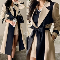 Fashion Contrast Color Long Sleeve Notched Lapel Windbreaker Coat with Waist Strap