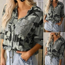 Fashion Long Sleeve POLO Collar Sequin Spliced Chest Pocket Camouflage Printed Shirt