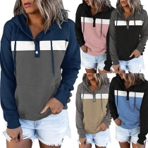 Casual Style Long Sleeve Hooded Contrast Color Loose Sweatshirt