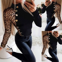 Fashion Leopard Spliced Long Sleeve Mock Neck Slim Fit T-shirt Bottoming Top