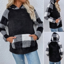 Fashion Long Sleeve Hooded Plush Plaid Sweatshirt