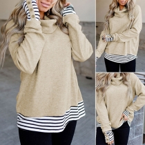 Fashion Long Sleeve Cowl Neck Striped Spliced Mock Two-piece Top