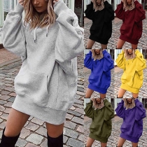 Casual Style Long Sleeve Hooded Solid Color Sweatshirt Dress