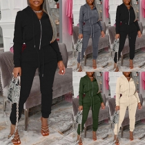 Fashion Solid Color Long Sleeve Hooded Sweatshirt Coat + Pants Two-piece Set