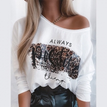 Sexy Oblique Shoulder Long Sleeve Leopard Printed T-shirt