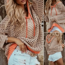 Fashion Contrast Color Long Sleeve Hooded Hollow Out Knit Smock