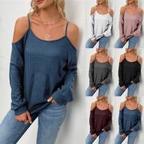 Sexy Off-shoulder Long Sleeve Solid Color Sling T-shirt
