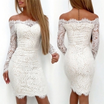 Sexy Off-shoulder Boat Neck Long Sleeve Slim Fit Lace Dress