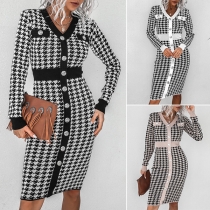 OL Style Long Sleeve V-neck Single-breasted Contrast Color Houndstooth Knit Dress