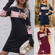 Fashion Contrast Color Leopard Spliced Long Sleeve Round Neck Slim Fit Dress
