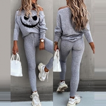 Fashion Long Sleeve Printed Top + Pants Halloween Two-piece Set