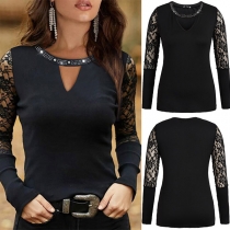 Sexy Lace Spliced Long Sleeve Round Neck Rhinestone T-shirt
