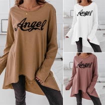 Casual Style Long Sleeve Round Neck Letters Printed High-low Hem Loose T-shirt