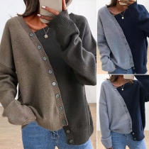 Chic Style Long Sleeve Oblique V-neck Contrast Color Front-button Knit Top