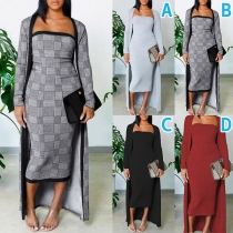 Sexy Strapless Slim Fit Dress + Long Sleeve Cardigan Two-piece Set