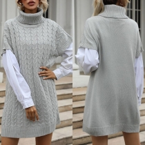 Fashion Solid Color Short Sleeve Turtleneck Knit Sweater Dress