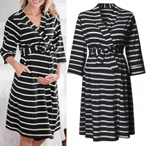 Fashion 3/4 Sleeve V-neck Multi-functional Stripe Maternity Dress
