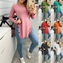 Casual Style Long Sleeve Round Neck Button Slit Hem Solid Color T-shirt