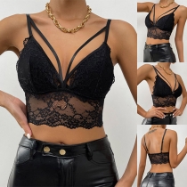 Sexy Backless V-neck See-through Lace Spliced Underwear Sling Crop Top