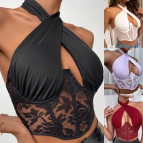 Sexy Backless See-through Gauze Spliced Crossover Halter Crop Top