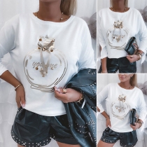 Casual Style Slit Long Sleeve Round Neck Printed T-shirt