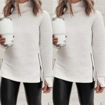 Casual Style Long Sleeve Solid Color Side-zipper High Collar Sweatshirt