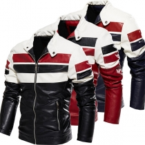 Fashion Contrast Color Long Sleeve Stand Collar Plush Lining Man's PU Leather Jacket