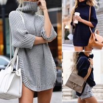 Fashion Solid Color 3/4 Dolman Sleeve Turtleneck Arc Hem Knit Dress