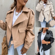 Fashion Solid Color Long Sleeve Notched Lapel PU Leather Jacket