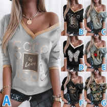 Casual Style Long Sleeve V-neck Contrast Color Printed T-shirt