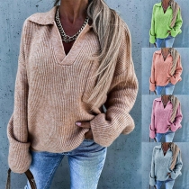 Casual Style Long Sleeve V-neck Solid Color Loose Knit Sweater Top